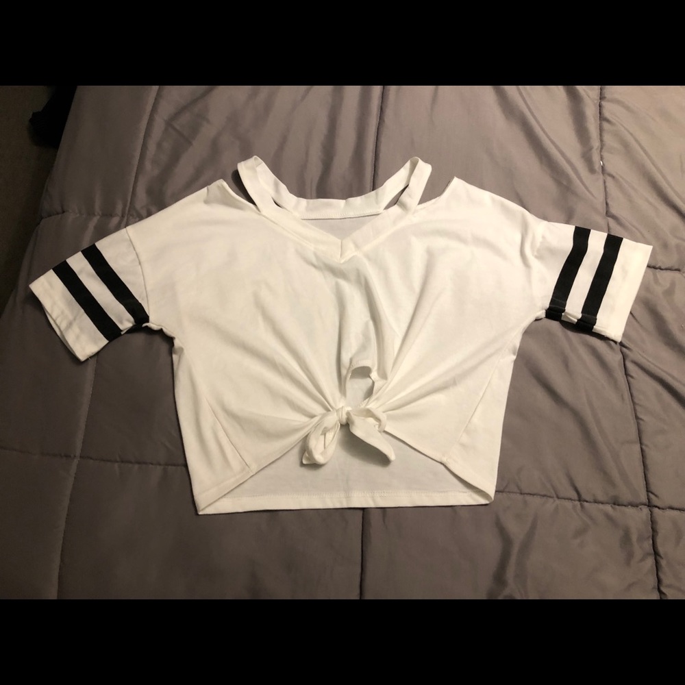 White crop top with black stripes on sleeves